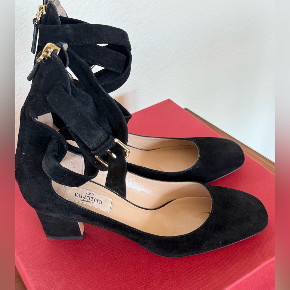Valentino Garavani Black Suede Buckle Strap Court Ankle Strap Pumps